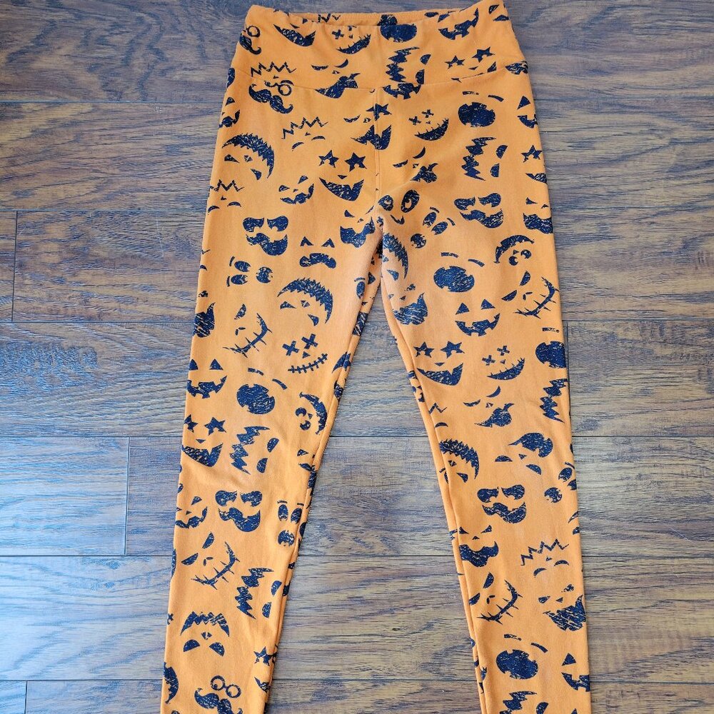 LULAROE Orange Black Jack-O-Lantern Pumpkin Face Print Soft Leggings One Size OS